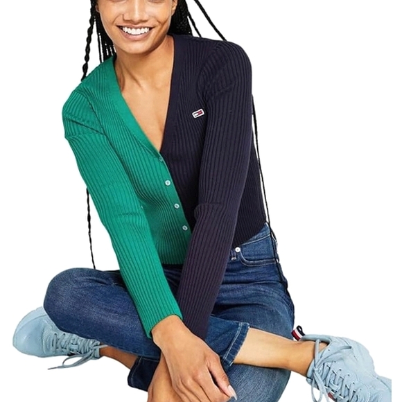 Tommy Hilfiger NWT Blue & Green Preppy Long Sleeve Button-Up Cardigan Sweater LG - Picture 3 of 11